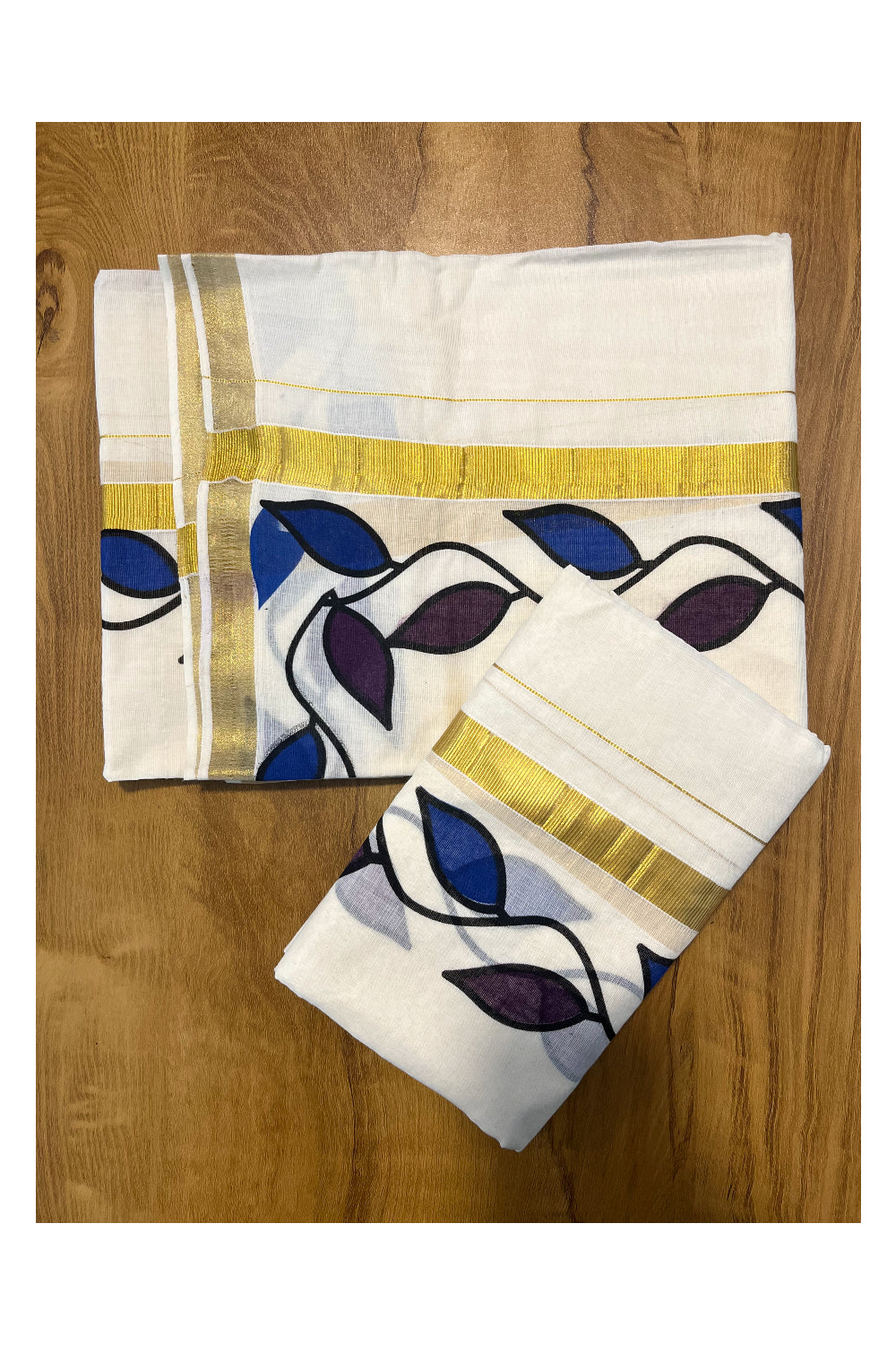 Pure Cotton Set Mundu (Mundum Neriyathum) with Violet and Blue Leaf Prints on Kasavu Border(2.80M)