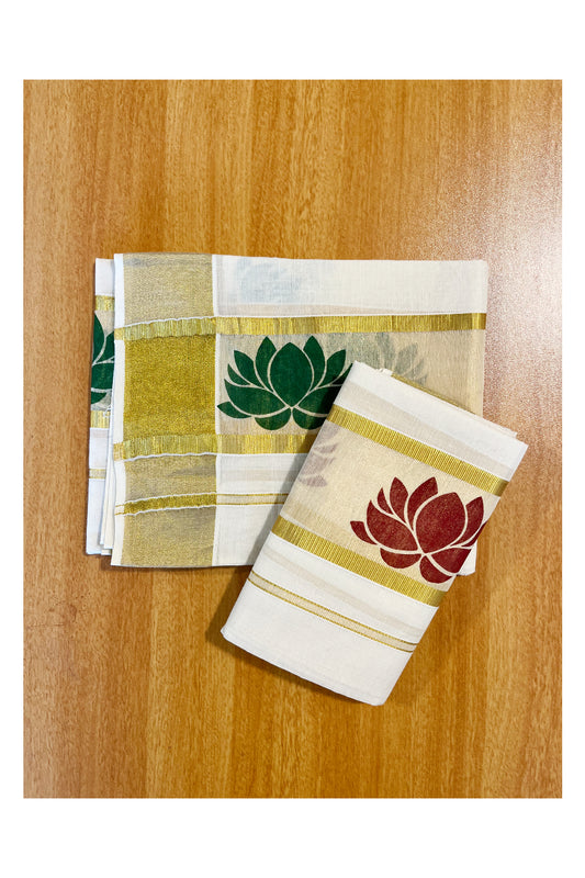 Kerala Cotton Single Set Mundu (Mundum Neriyathum) with Maroon And Green Lotus Block Prints On Kasavu Border 2.80 Mtrs