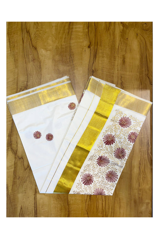 Kerala Cotton Kasavu Saree with Golden and Maroon Floral Embroidery Work