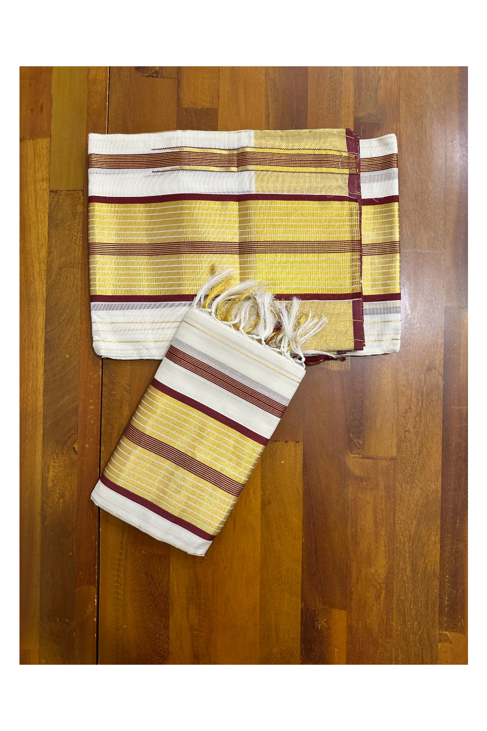 Southloom Premium Handloom Set Mundu with Maroon Border and Kasavu Lines Across Body 2.80 Mtrs