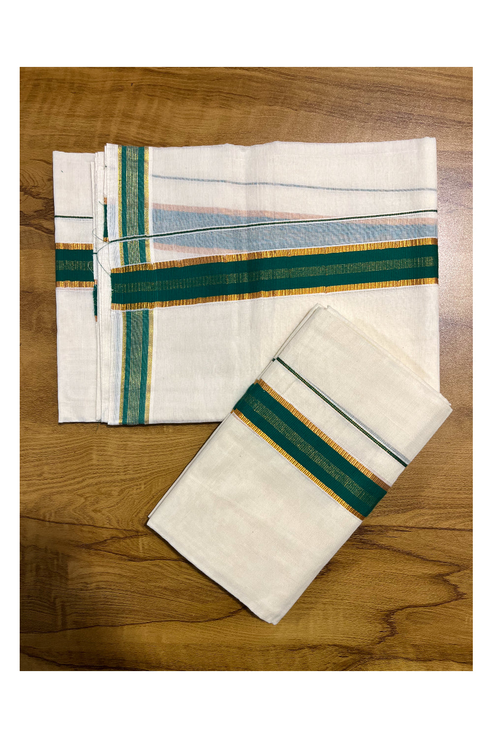 Kerala Cotton Set Mundu (Mundum Neriyathum) with Kasavu and Green Border