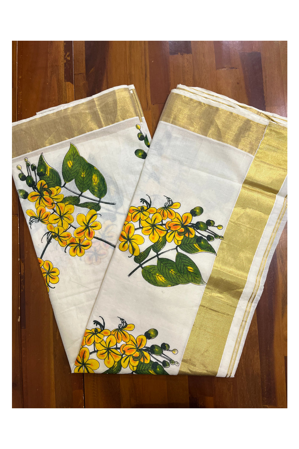 Pure Cotton Kerala Kasavu Saree with Floral Block Printed Designs