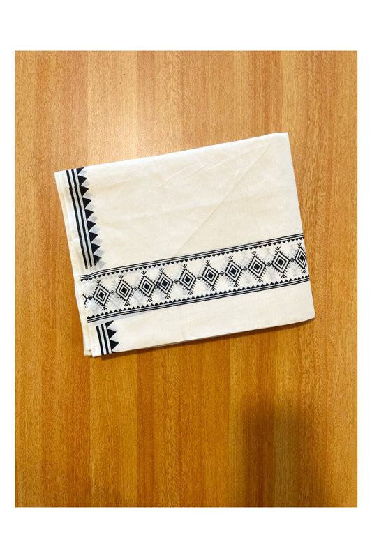 Pure Cotton Off White Double Mundu with Black Block Prints On Border (South Indian Kerala Dhoti)