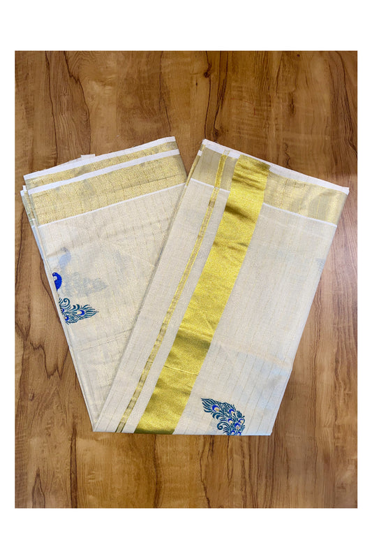 Kerala Tissue Kasavu Stripes Saree with Peacock Embroidery Design on Body