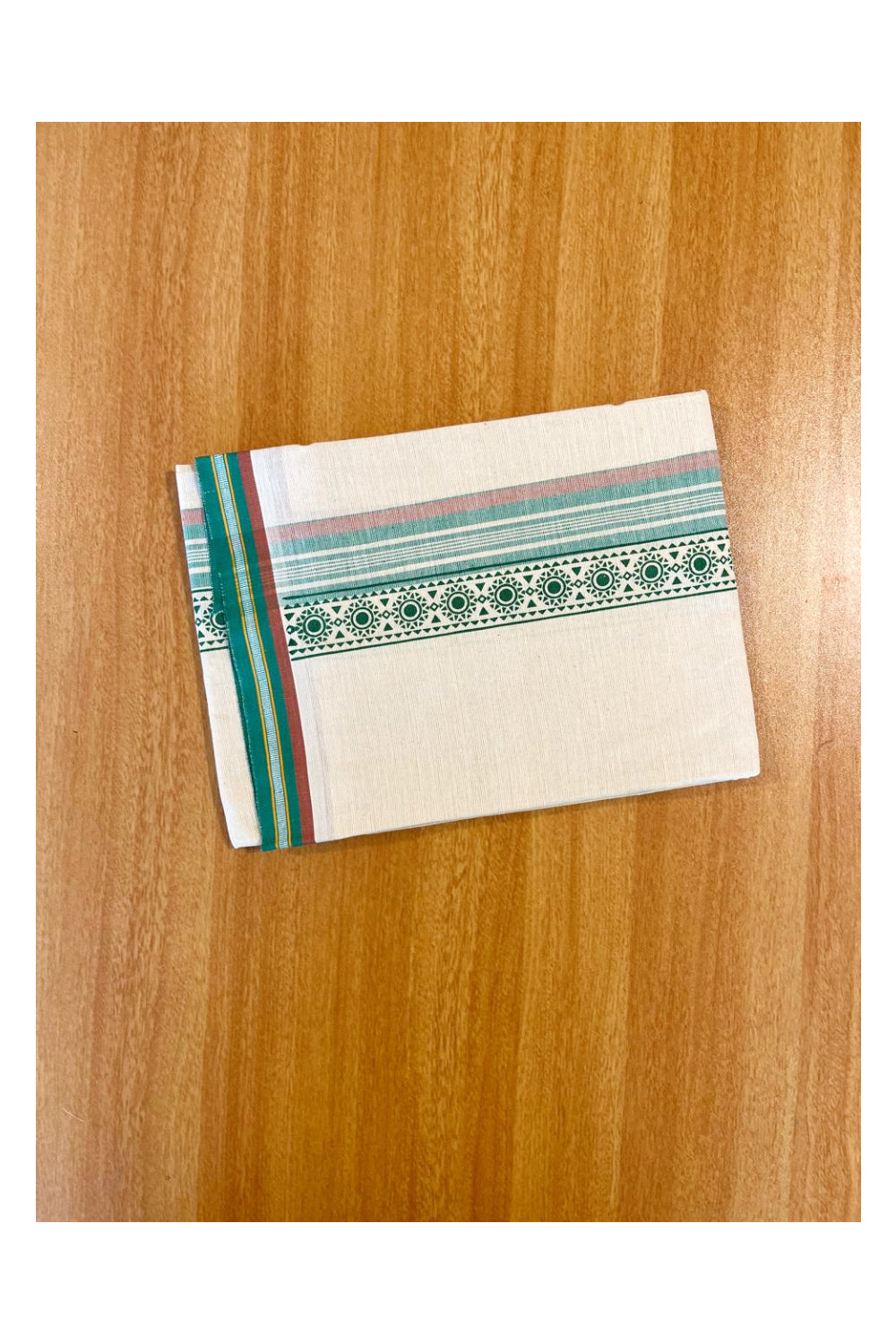 Southloom Off White And Green Brown Printed Single Mundu / Otta Mundu / Lungi (South Indian Kerala Dhoti)