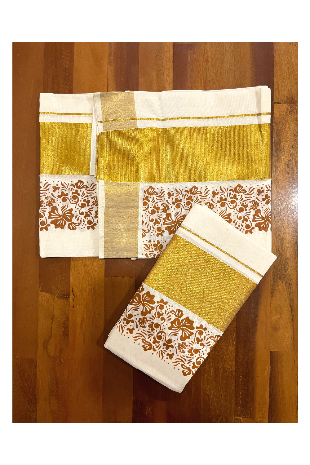 Pure Cotton Kerala Single Set Mundu (Mundum Neriyathum) with Brown Block Printed Kasavu Border