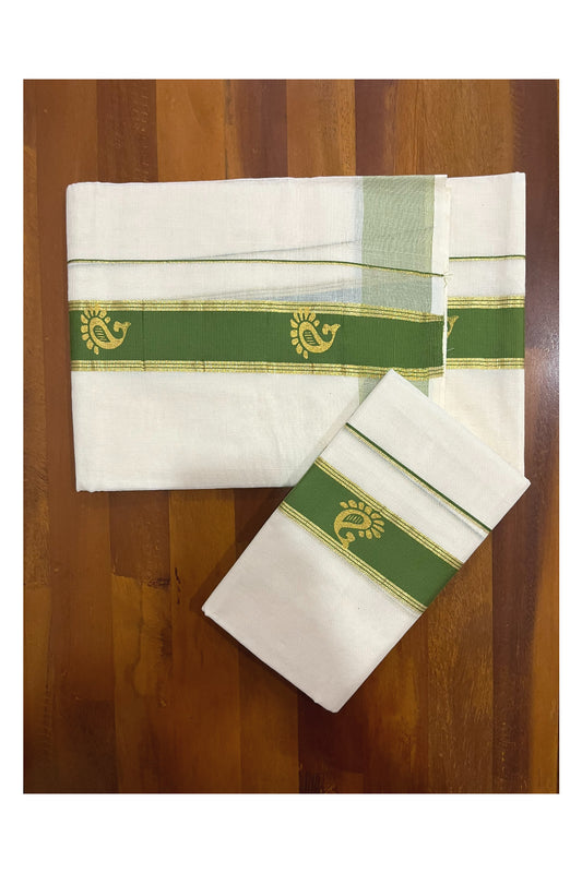 Cotton Single Set Mundu (Mundu Neriyathum) with Golden Paisley Block Prints on Green Border (Onam Set Mundu 2023)