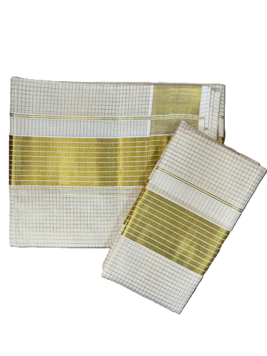 Southloom Kerala Tissue Single Set Mundu (Mundum Neriyathum) with Kasavu Micro Check Across Body SL455