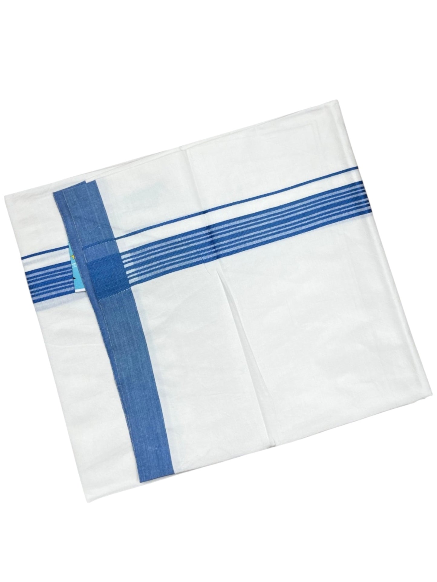 Southloom Pure White Cotton Mundu with Blue Lines Border (South Indian Kerala Dhoti)