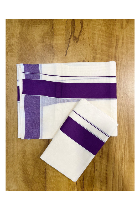 Kerala Cotton Mundum Neriyathum Single (Set Mundu) with Violet Border 2.80 Mtrs