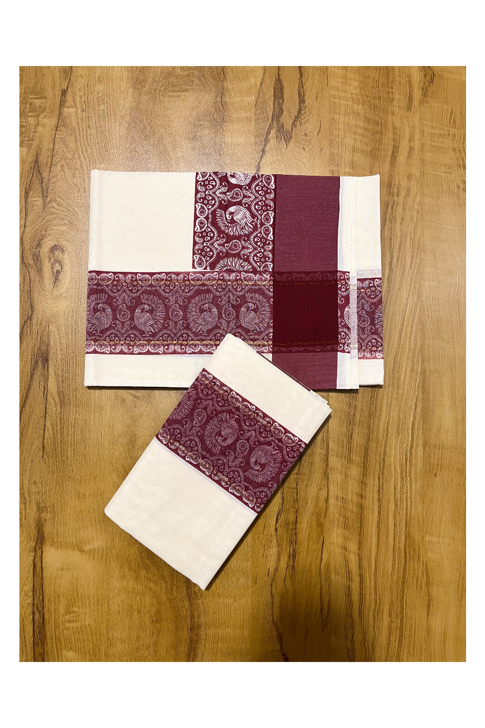 Kerala Cotton Single Set Mundu (Mundum Neriyathum) with Maroon Block print Border 2.80Mtrs