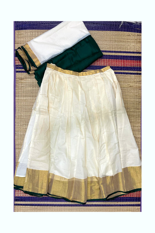 Southloom Semi Stitched Dhavani Set with Cotton Kasavu Pavada and Green Blouse Piece