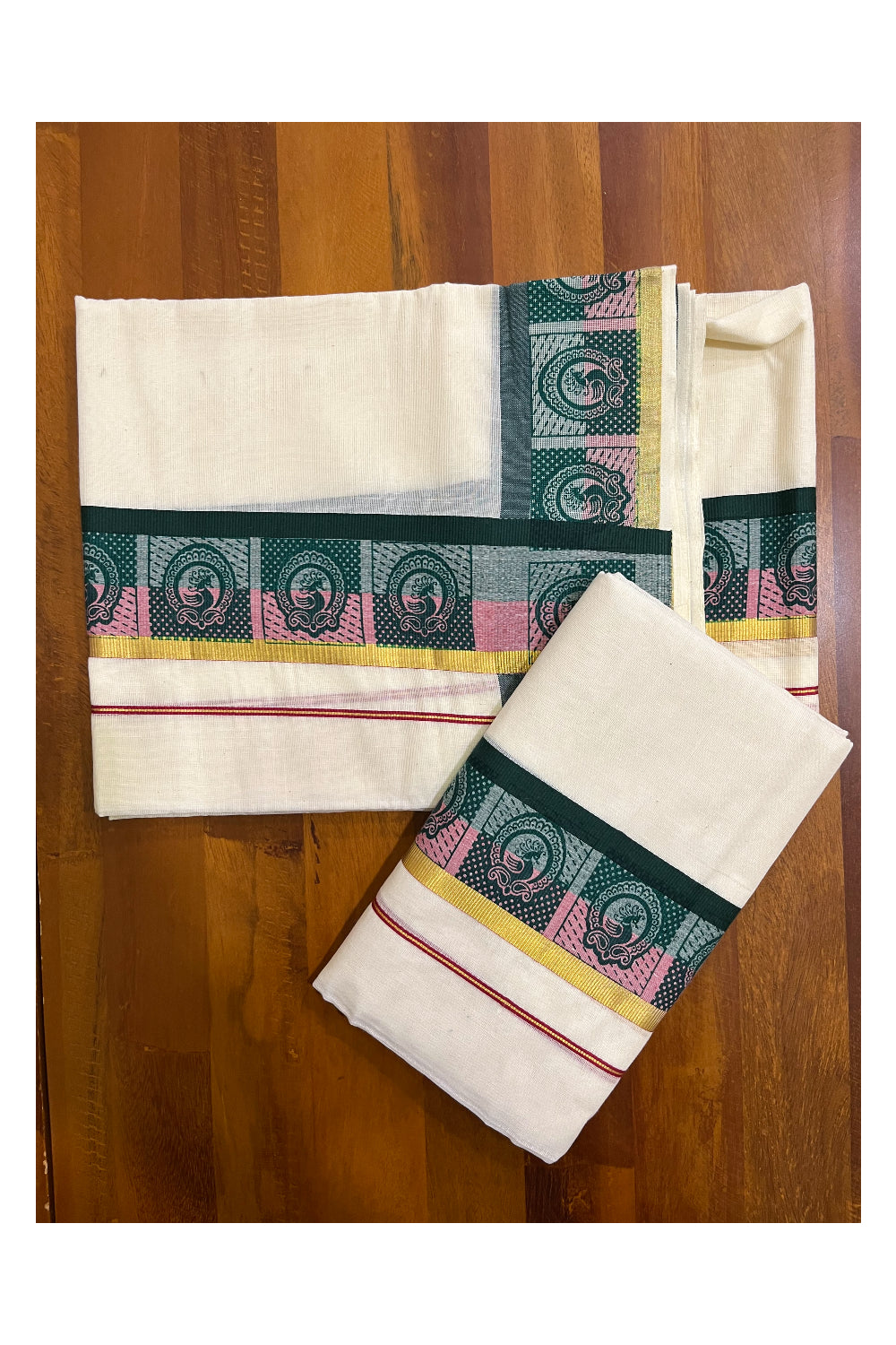 Kerala Cotton Kasavu Single Set Mundu (Mundum Neriyathum) with Pink and Green Kara and Block prints