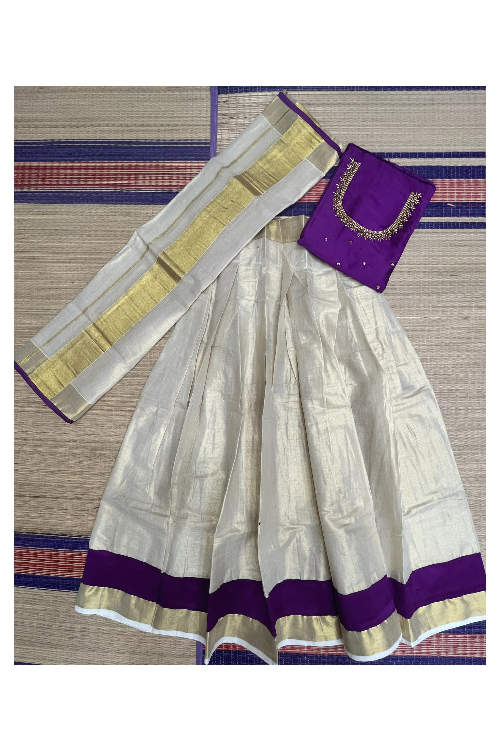 Semi Stitched Onam 2023 Dhavani Set with Tissue Pavada and Violet Bead Work Blouse Piece