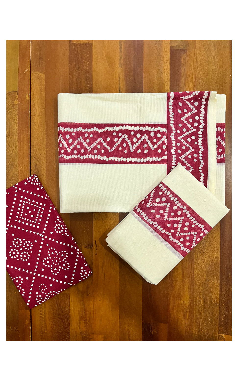 Kerala Cotton Set Mundu (Mundum Neriyathum) with Maroon Block Prints and Seperate Blouse Piece