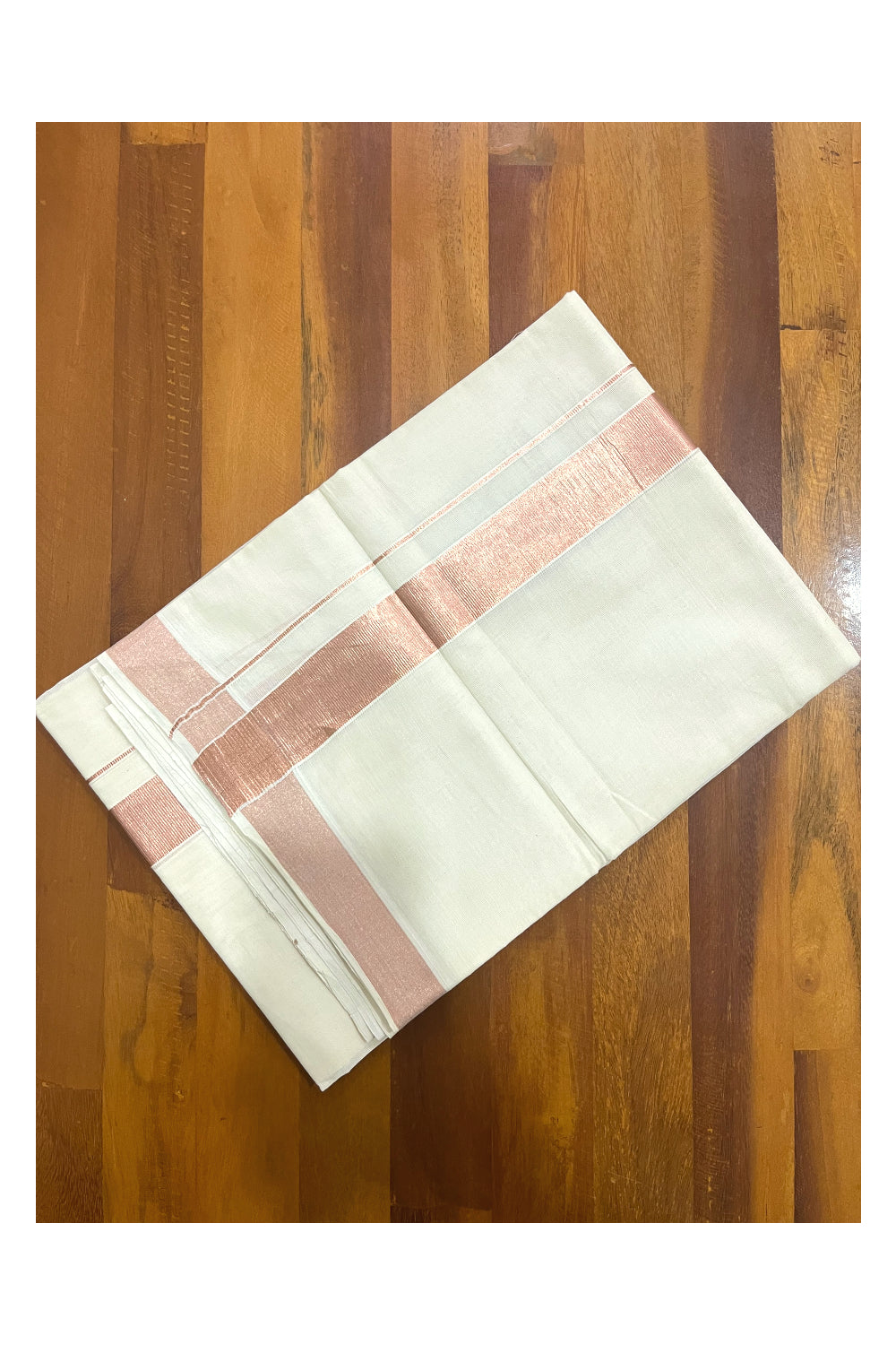 Off White Pure Cotton Double Mundu with 1.5 inch Rose Copper Kasavu Border (South Indian Kerala Dhoti)