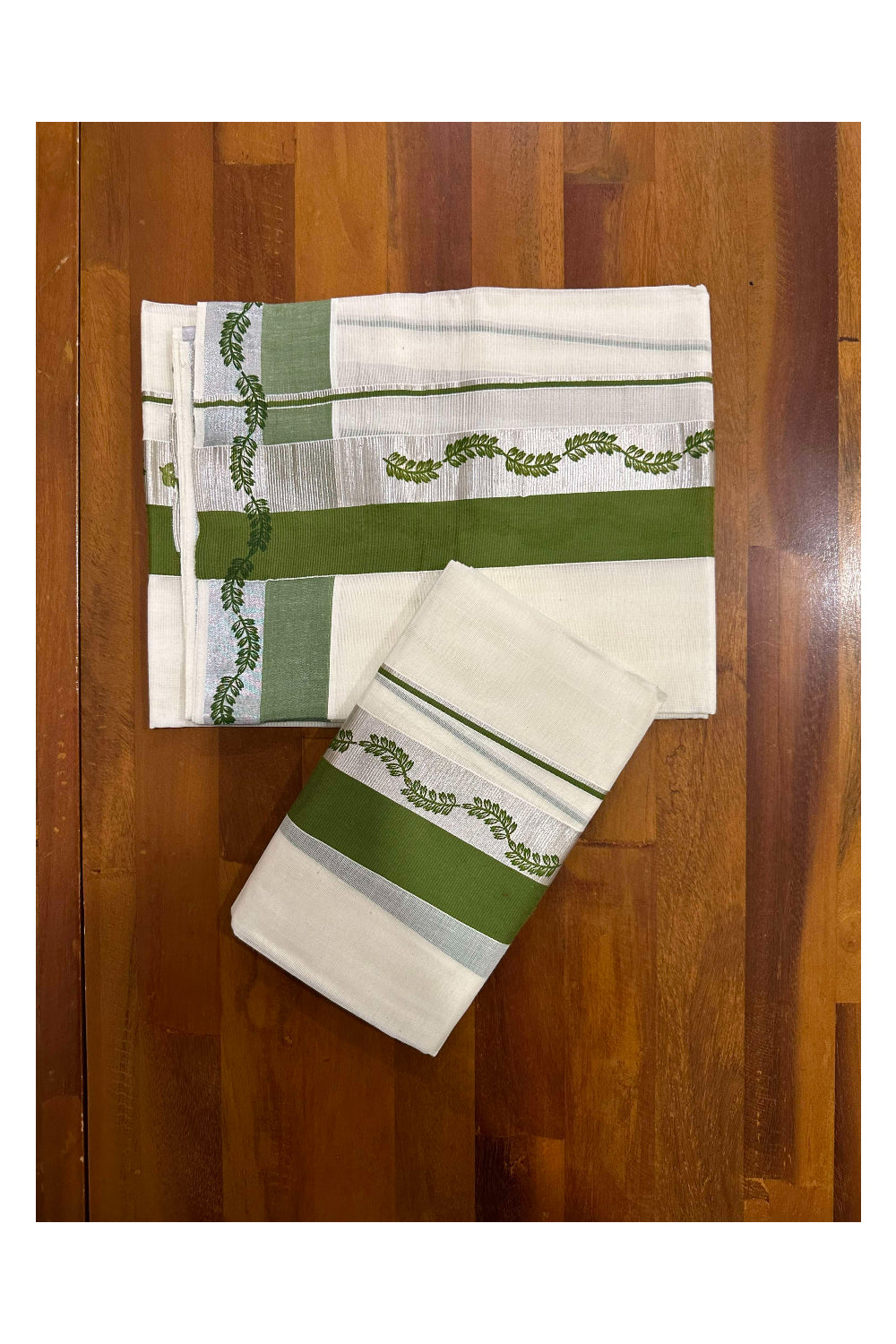 Kerala Cotton Single Set Mundu (Mundum Neriyathum) with Green Block Prints and Silver Kasavu Border 2.80 Mtrs (Onam set Mundu 2023)