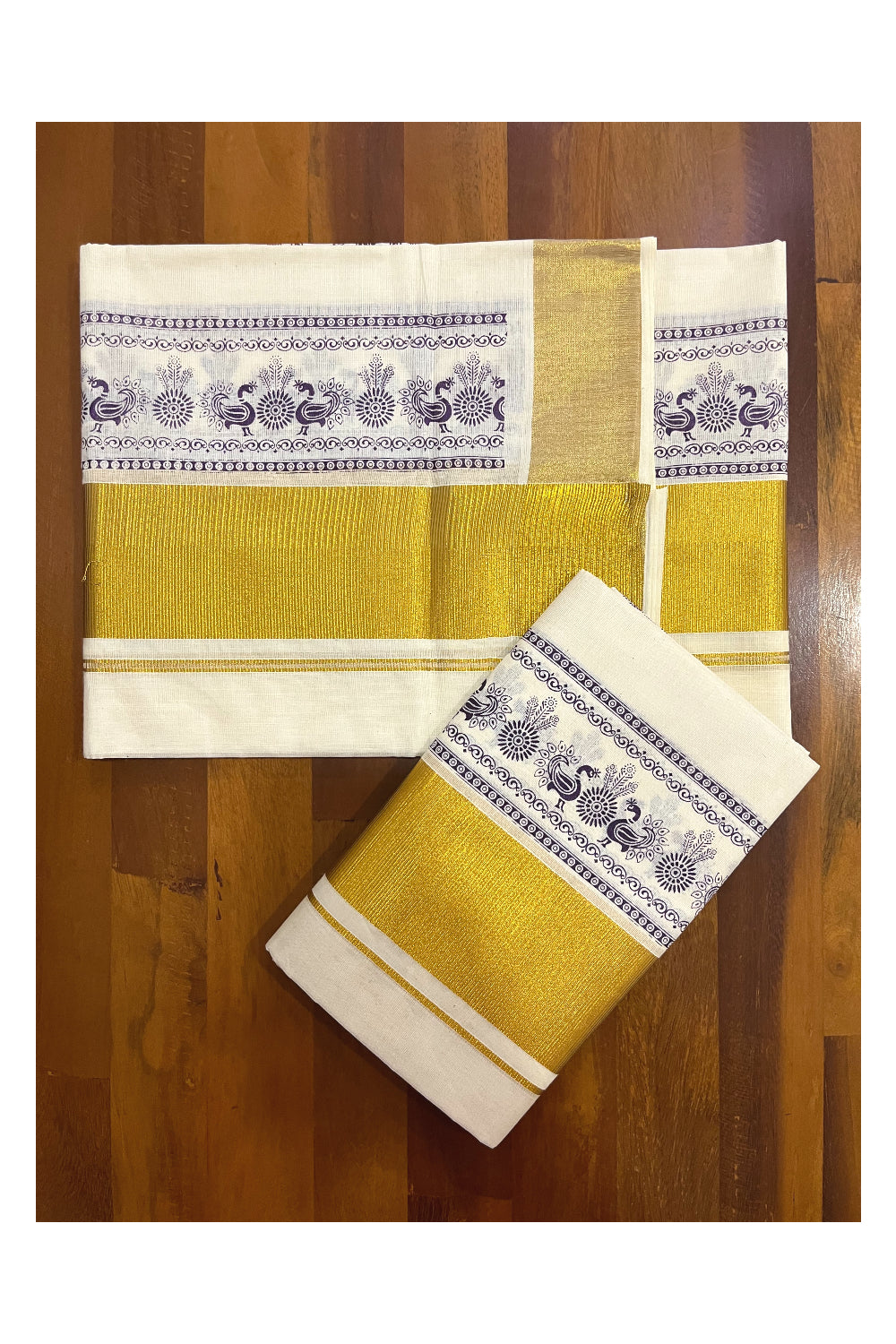 Pure Cotton Kerala Single Set Mundu (Mundum Neriyathum) with Violet Block Printed Kasavu Border (Onam 2023 Set Mundu)