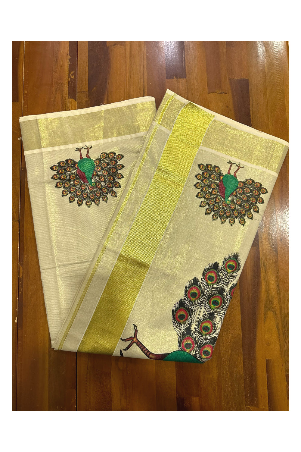 Kerala Tissue Kasavu Saree with Peacock Mural Prints (Onam Saree 2023)