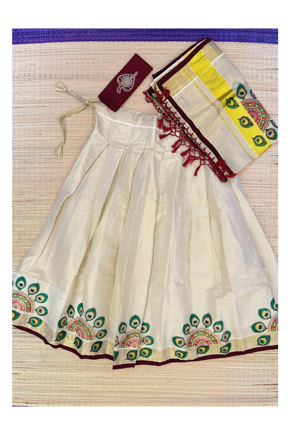 Kerala Tissue Semi Stitched Dhavani Set with Mural Print Pavada and Maroon Blouse Piece