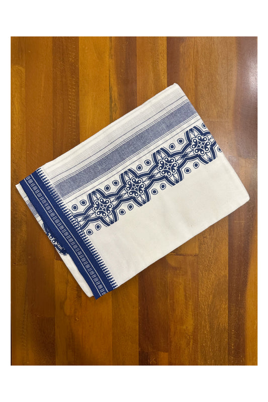 Southloom White And Blue Printed Single Mundu / Otta Mundu / Lungi (South Indian Kerala Dhoti)