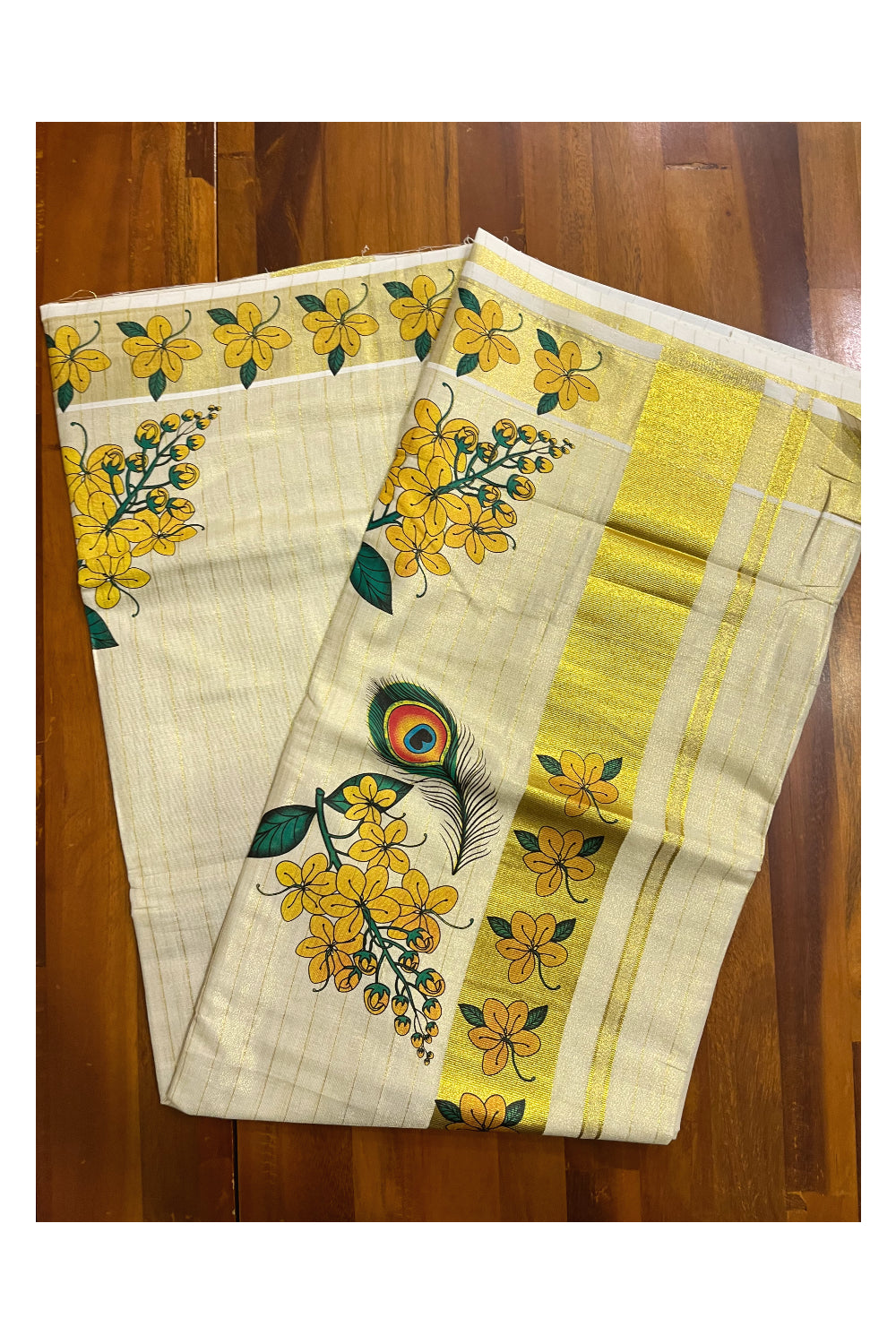 Kerala Tissue Kasavu Lines Design Saree with Feather And Floral Mural Prints on Body