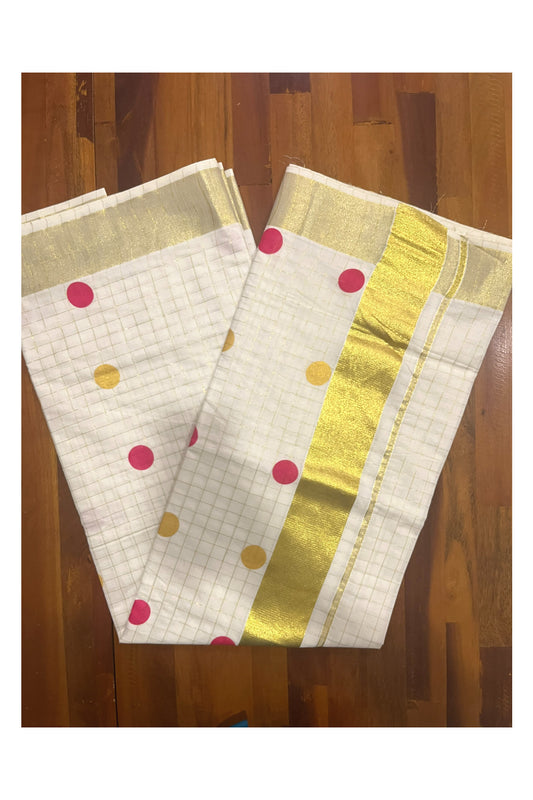 Southloom Micro Check Kasavu Saree with Pink and Golden Polka Dot Prints Across Body (Onam Saree 2023)