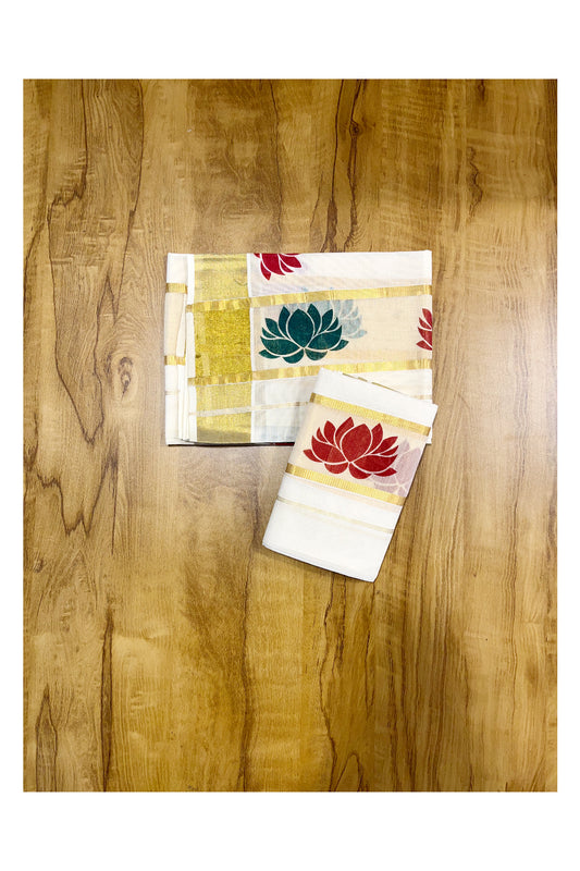 Kerala Tissue Single Set Mundu (Mundum Neriyathum) with Maroon And Green Lotus Block Prints On Kasavu Border