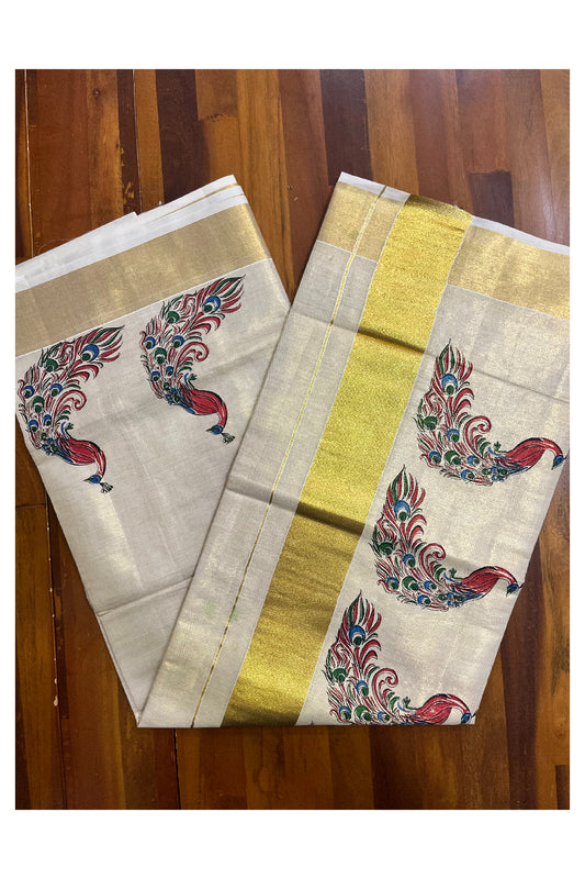 Kerala Tissue Kasavu Saree with Peacock Block Printed Designs (Vishu 2024 Collection)