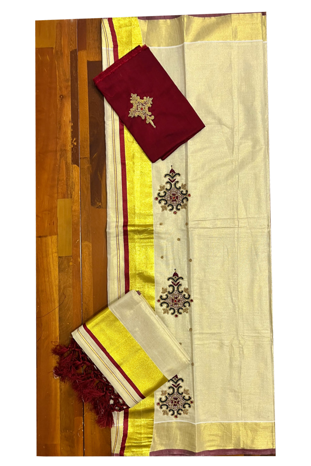 Kerala Tissue Kasavu Set Mundu (Mundum Neriyathum) with Bead Handwork Design and Maroon Blouse Piece - 2.80Mtrs (Vishu 2024 Collection)