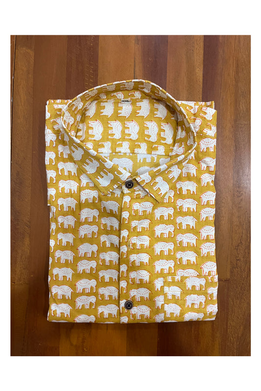 Southloom Jaipur Cotton Yellow Elephant Hand Block Printed Shirt (Full Sleeves)