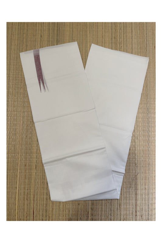 Pure White Cotton Double Borderless Mundu with Maroon Chutti Design on Bottom (South Indian Kerala Dhoti)