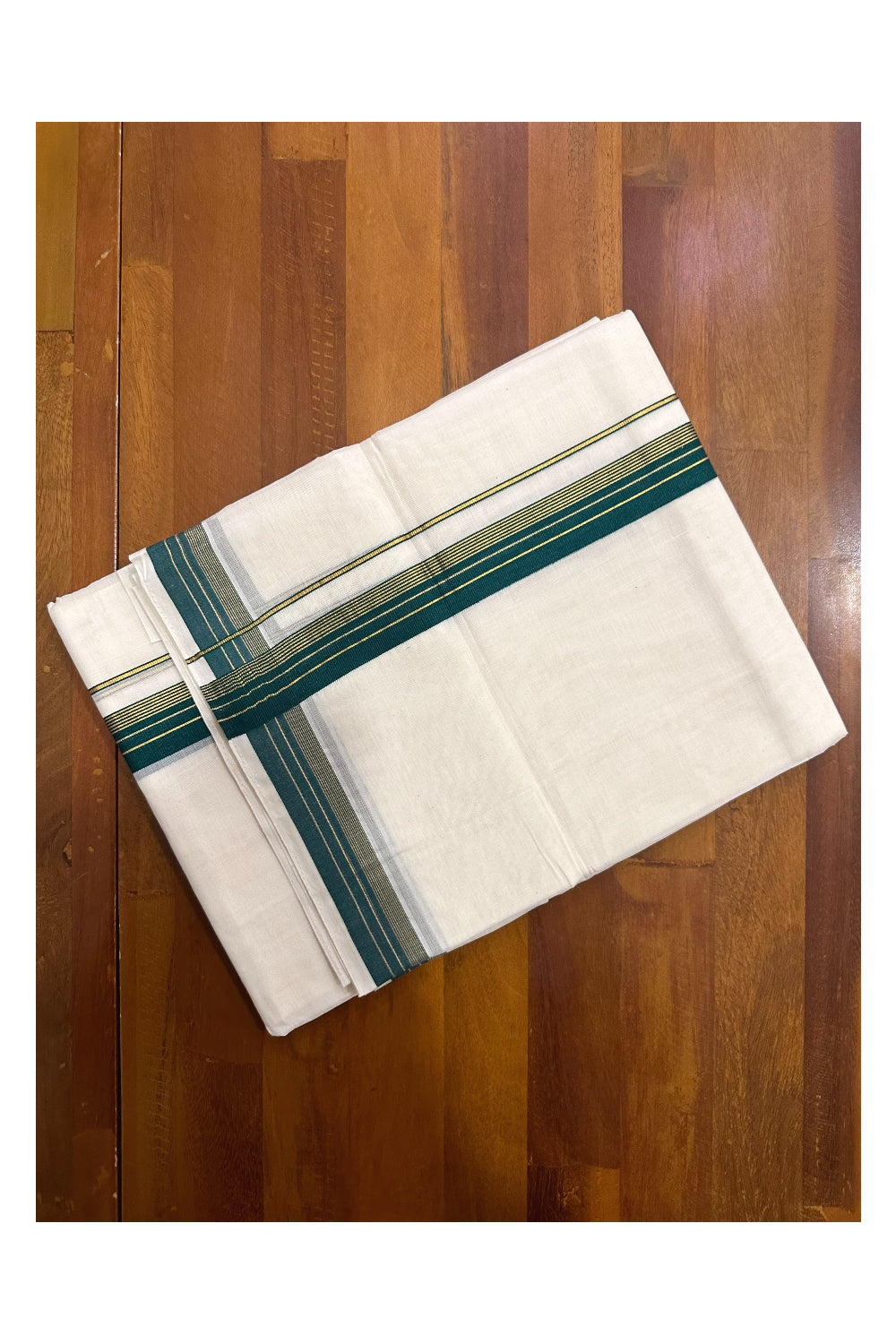 Southloom Premium Handloom Mundu with Green and Kasavu Kara (Onam Mundu 2023)