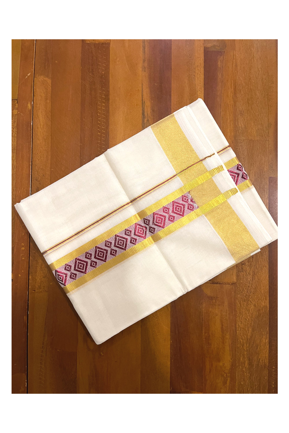 Southloom Premium Handloom Pure Cotton Mundu with Golden and Maroon Kasavu Woven Border (Onam Mundu 2023)