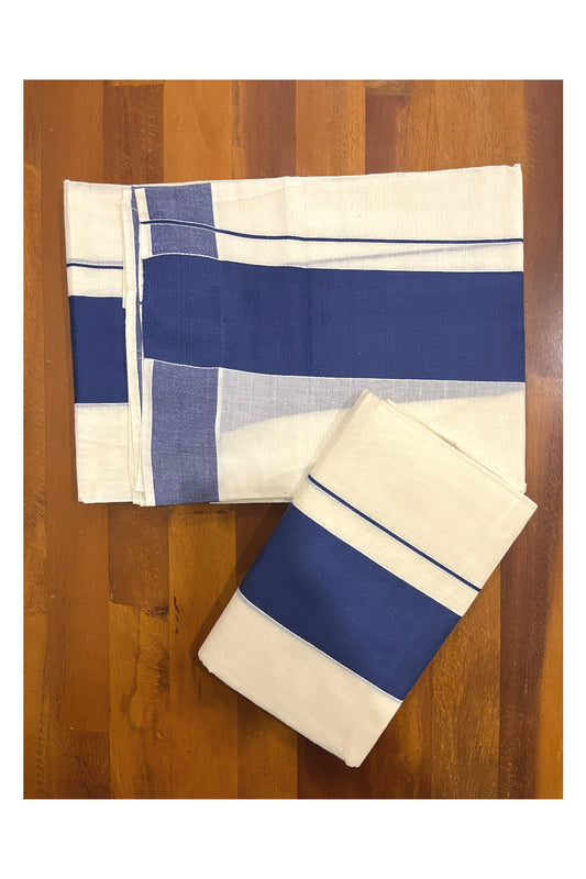 Kerala Cotton Set Mundu (Mundum Neriyathum) Single with Plain Blue Border 2.80 Mtrs