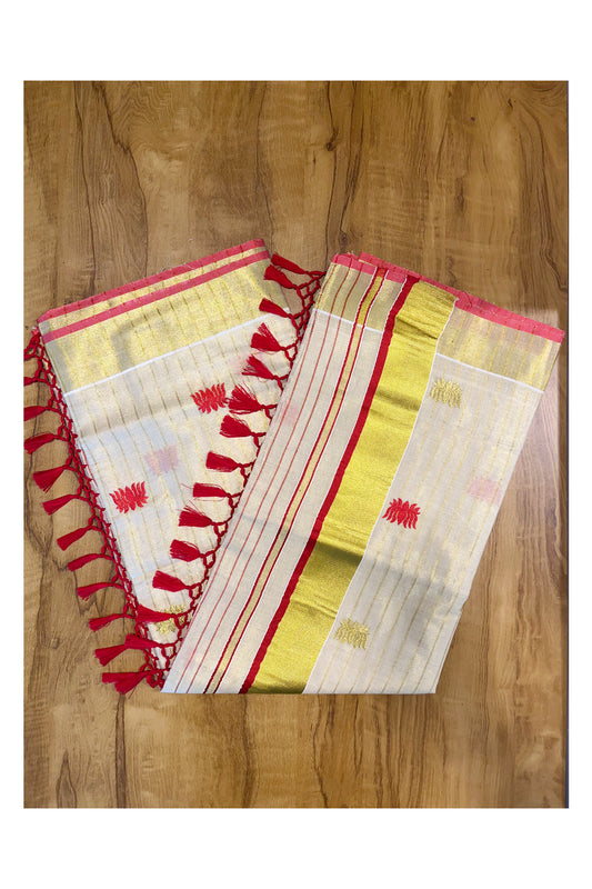 Kerala Tissue Kasavu Lines Saree with Red And Golden Lotus Embroidery Works