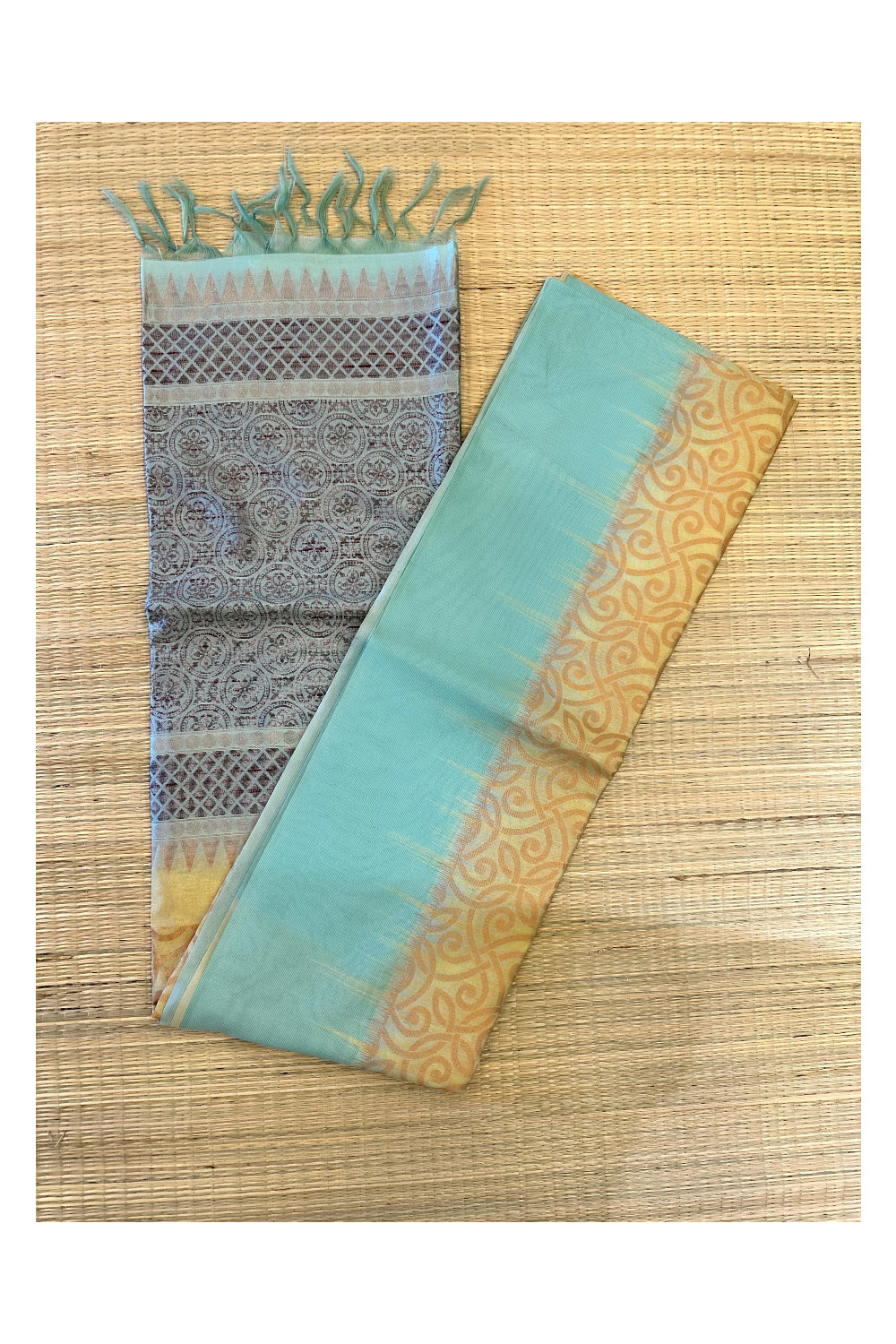 Southloom Semi Tussar Yellow Woven Saree with Turquoise Border