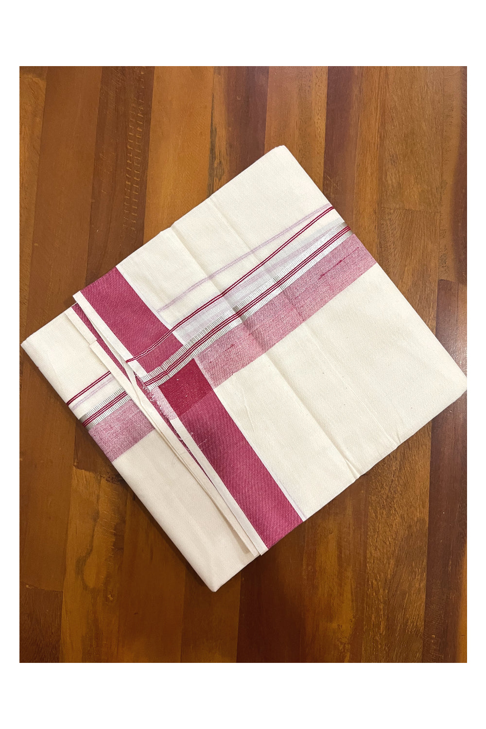 Kerala Cotton Double Mundu with Red and Silver Kasavu Border (Onam Mundu 2023)