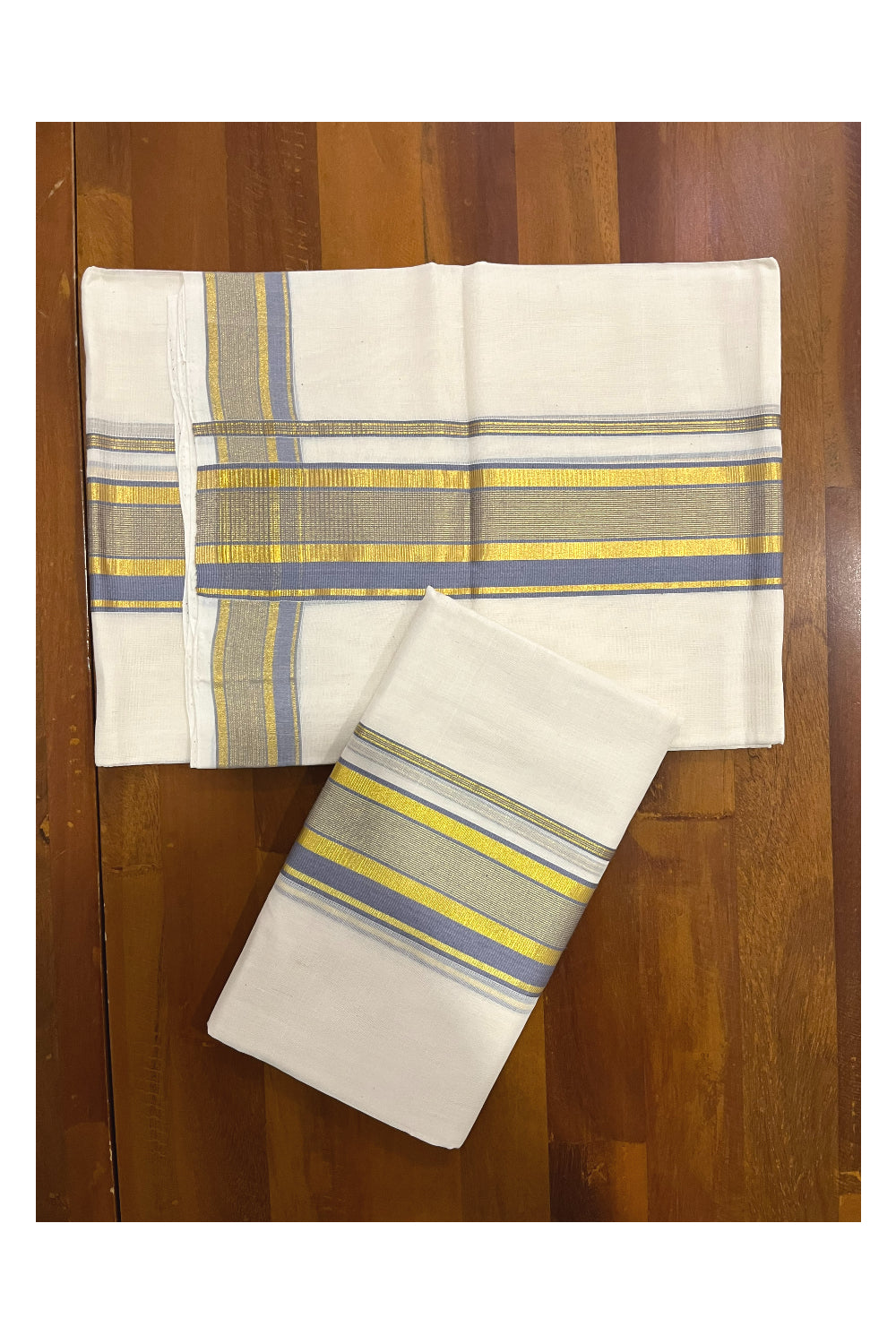 Pure Cotton Handloom Premium Kasavu Set Mundu (Mundum Neriyathum) with Grey and Kasavu Border 2.80 Mtrs (Onam Set Mundu 2023)