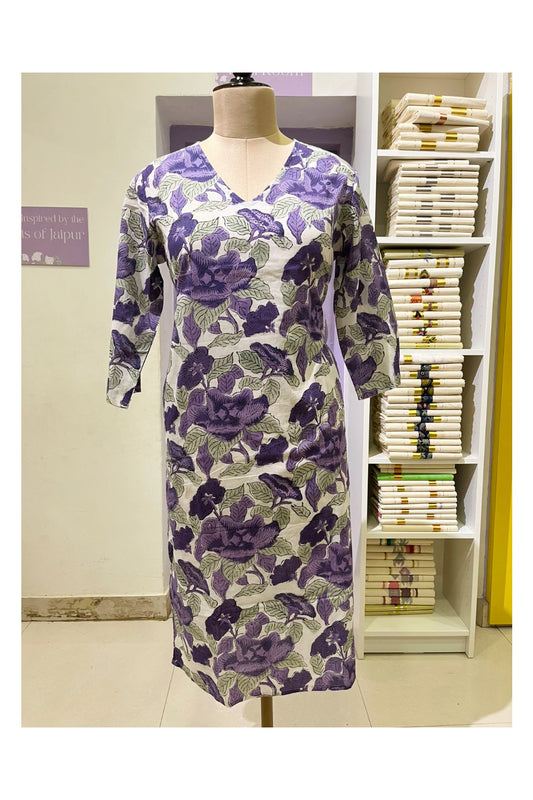 Southloom Stitched Cotton Kurti in Violet Floral Printed Designs