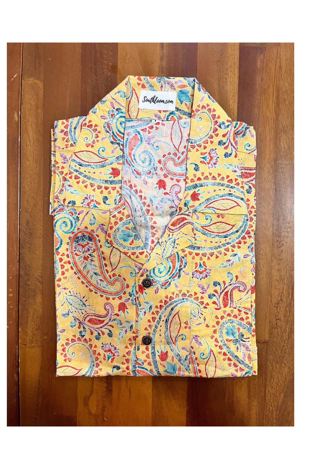 Southloom Jaipur Cotton Yellow Hand Block Printed Cuban Collar Shirt (Half Sleeves)