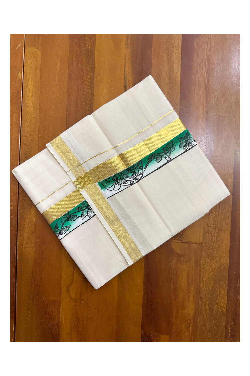 Kerala Pure Cotton Double Mundu with Hand Painted Designs on Kasavu Border(South Indian Kerala Dhoti)