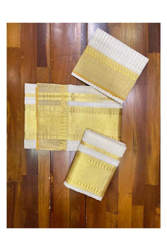 Southloom Super Premium Balaramapuram Handloom Unakkupaavu Cotton Lines Set Mundu (Mundum Neriyathum) With Temple Woven Patterns On Border
