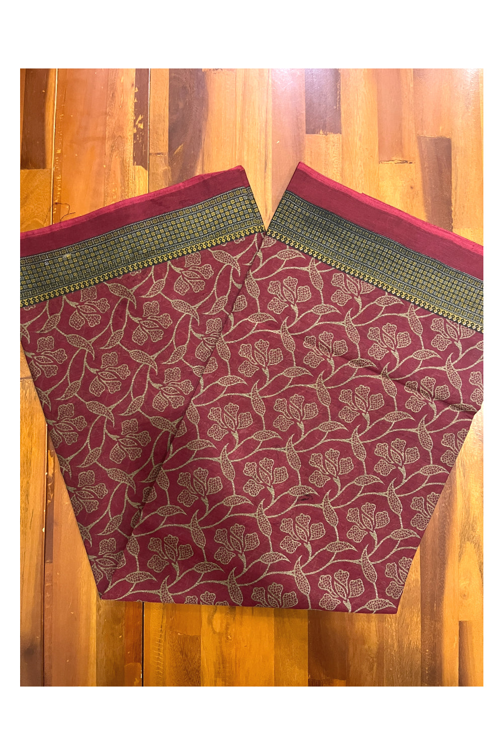 Southloom Cotton Designer Green Printed Maroon Saree