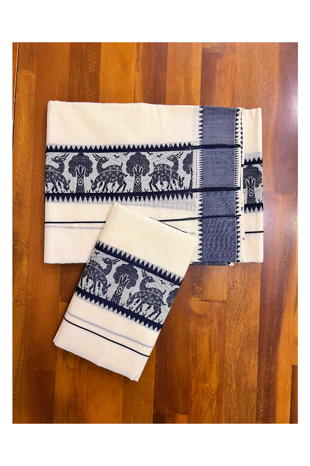 Kerala Cotton Single Set Mundu (Mundum Neriyathum) with Dark Blue Woven Border - 2.80Mtrs