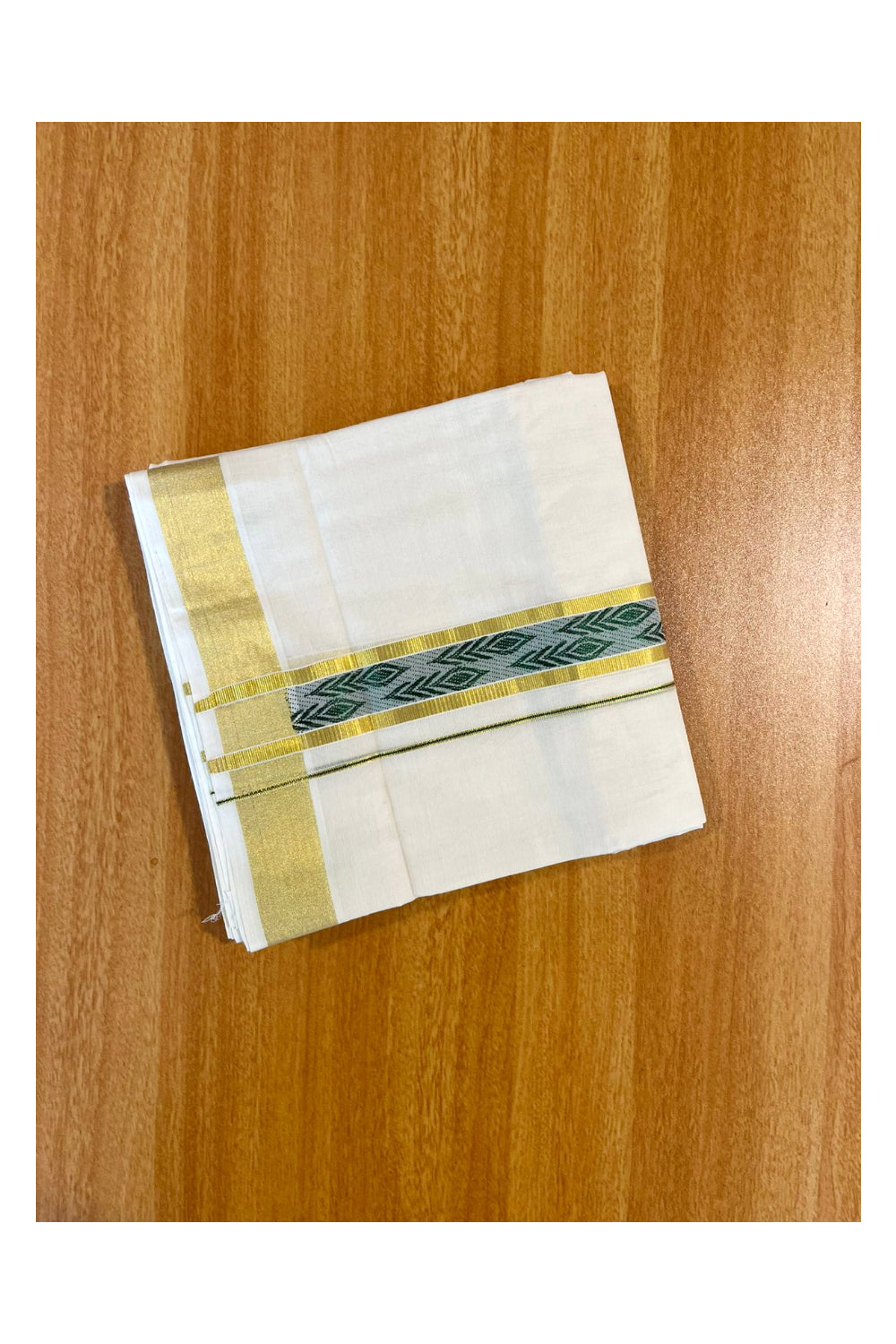 Southloom Premium Handloom Pure Cotton Mundu with Green and Kasavu Woven Border