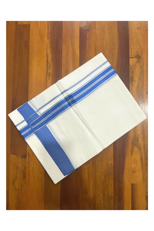 Pure White Cotton Double Mundu with Blue and Silver Kasavu Border (South Indian Kerala Dhoti)