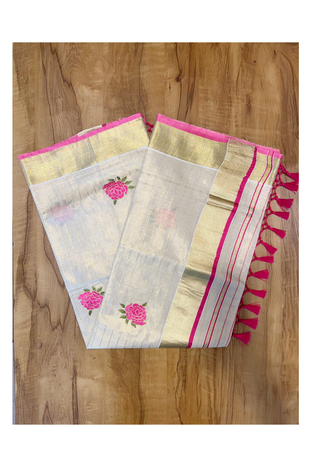 Southloom Kerala Tissue Kasavu Lines Saree with Pink Floral Embroidery Works