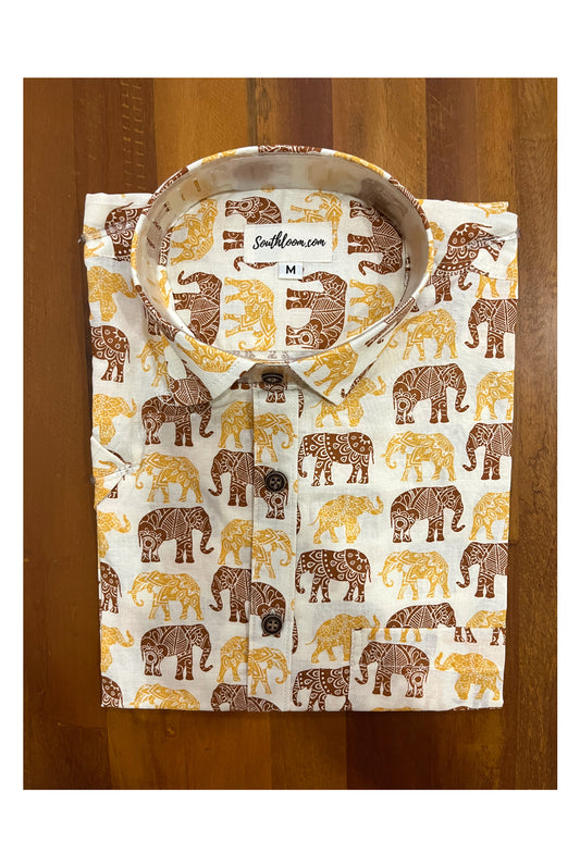 Southloom Jaipur Cotton Yellow Brown Elephant Hand Block Printed Shirt (Half Sleeves)