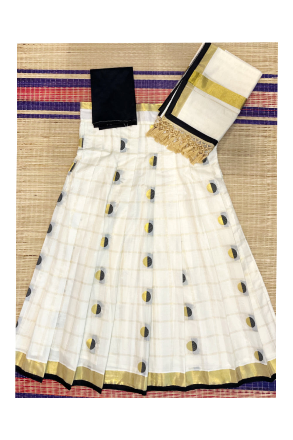 Southloom Cotton Semi Stitched Dhavani Set with  Polka Dots Check Pavada and Black Blouse Piece